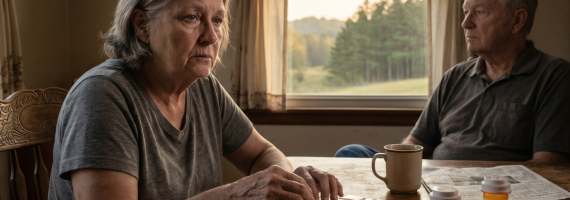A candid, photojournalistic style intimate portrait photograph of an elderly spousal caregiver in a humble, cozy rural kitchen in Northeast Arkansas