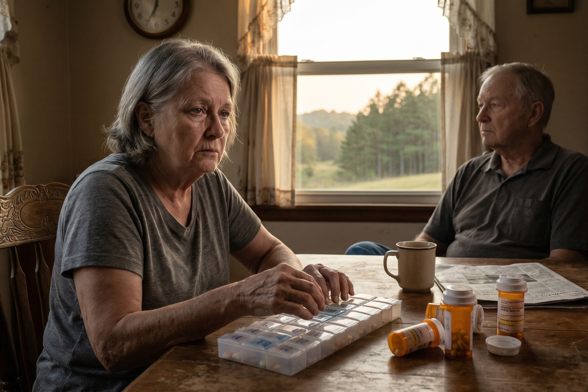 A candid, photojournalistic style intimate portrait photograph of an elderly spousal caregiver in a humble, cozy rural kitchen in Northeast Arkansas